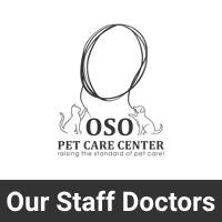 Logo of OSO Pet Care Center features silhouettes of two pets within a circular design. The text reads "Our Staff Veterinarians" on a black background bar, highlighting the expertise at our center.